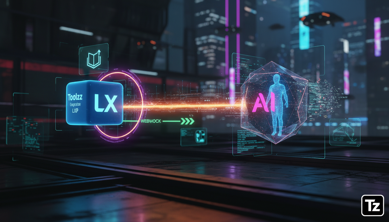 O Que É Webhooks e Como Aplicar na Educação Corporativa — Diagrama visual que ilustra o fluxo de dados de um webhook. No lado esquerdo, uma plataforma de educação corporativa (com o logo Toolzz discre