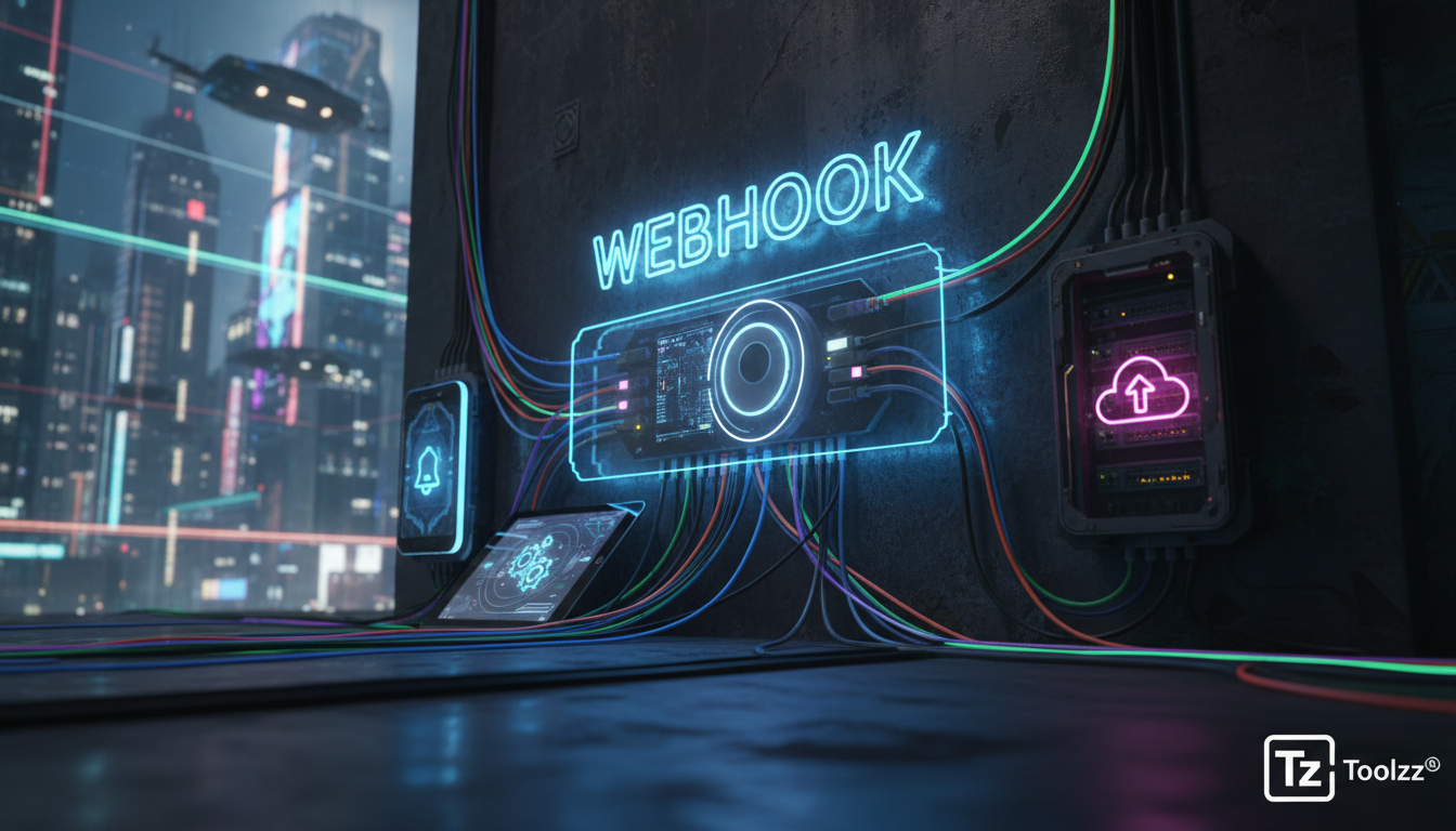 O que é Webhooks e como aplicar na Educação Corporativa — Ilustração de um interruptor de luz estilizado, com um 'webhook' escrito em neon acima dele. Fios coloridos conectam o interruptor a vários di