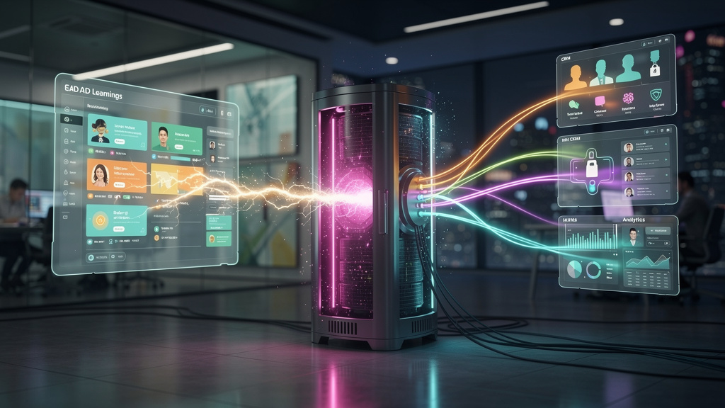 O que é Webhooks e como aplicar na Educação Corporativa/EAD — Diagrama visual mostrando o fluxo de dados de um Webhook. No lado esquerdo, uma plataforma de EAD estilizada (com o logo da Toolzz integra