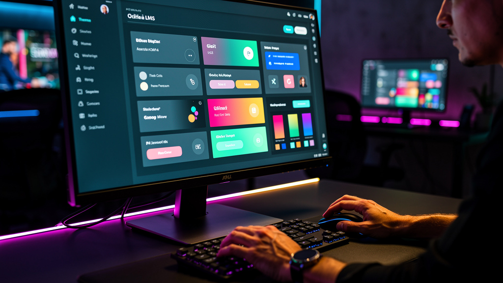 O que é Whitelabel e como aplicar na Educação Corporativa — Close-up de um designer trabalhando em uma interface de LMS whitelabel. Na tela do computador, elementos visuais sendo customizados: cores, 