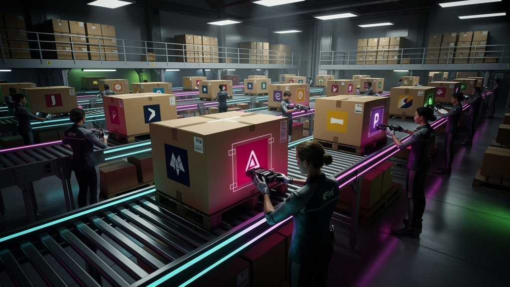 O que é Whitelabel e como aplicar na Educação Corporativa — Ilustração isométrica de um armazém onde caixas genéricas (sem marca) estão sendo etiquetadas com logotipos de diferentes empresas. Uma caix