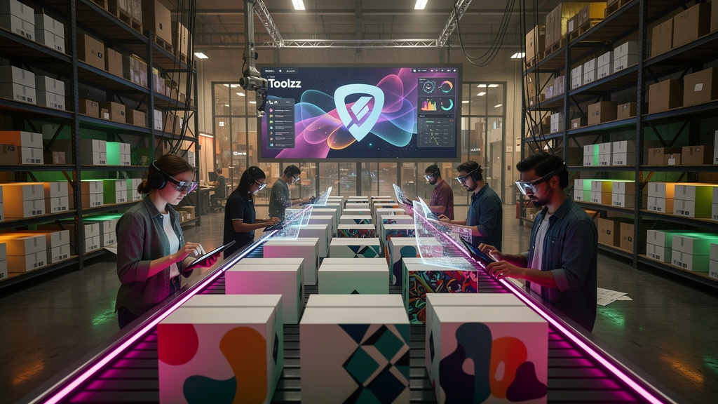 O que é Whitelabel e como aplicar na Educação Corporativa — Um armazém de produção de software com prateleiras cheias de caixas brancas genéricas. Uma esteira rolante transporta essas caixas, e em cad