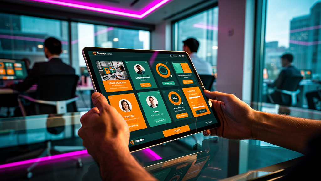 O que é Whitelabel e como aplicar na Educação Corporativa — Um close-up de um tablet exibindo uma interface de usuário de uma plataforma de aprendizado online. A interface está totalmente personalizad