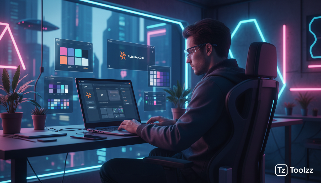 O que é Whitelabel e como aplicar na Educação Corporativa — Um designer trabalhando em um laptop, cercado por amostras de cores, fontes e layouts de diferentes marcas. Na tela do laptop, a interface d