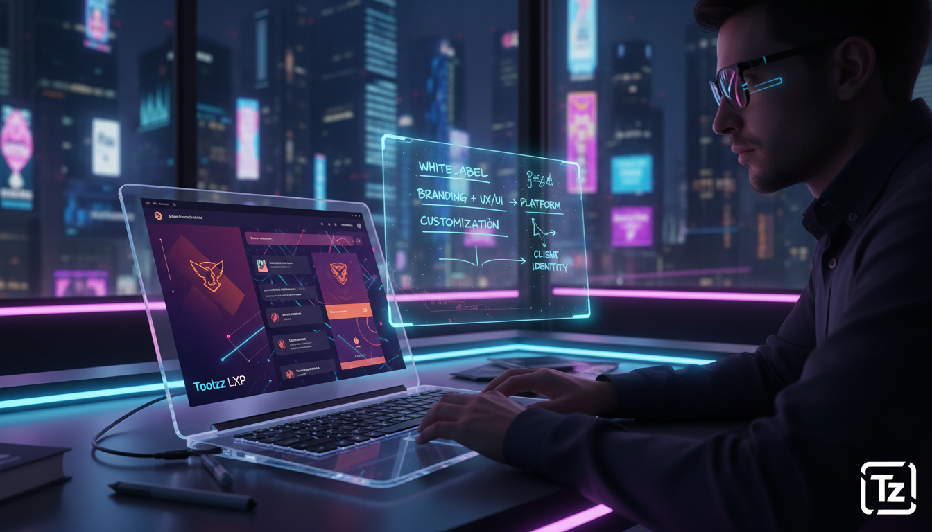 O que é Whitelabel e como aplicar na Educação Corporativa? — Um designer trabalhando em um laptop, personalizando a interface de uma plataforma de e-learning. A tela do laptop mostra a Toolzz LXP com 