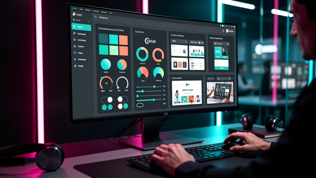 O que é Whitelabel e como aplicar na Educação Corporativa — Uma tela de computador mostrando o painel de controle de uma plataforma whitelabel. Em primeiro plano, diversas opções de customização: pale