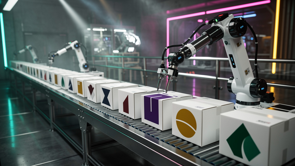 O que é Whitelabel e como aplicar na Educação Corporativa/EAD — Uma linha de produção de embalagens, onde caixas brancas genéricas saem da esteira. Em um ponto específico, um braço robótico aplica eti