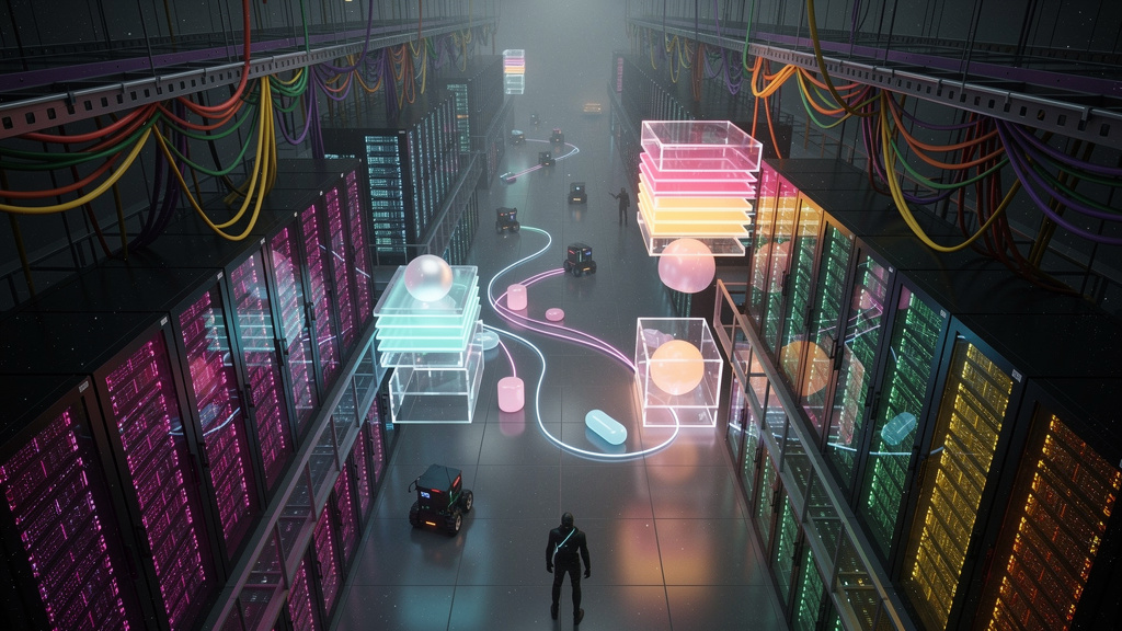 O que esperar de Agentes de IA nos próximos 7 anos — Uma vista aérea de um data center moderno, com servidores brilhantes e cabos coloridos, mas com um toque artístico. Sobreposto à imagem, um diagram