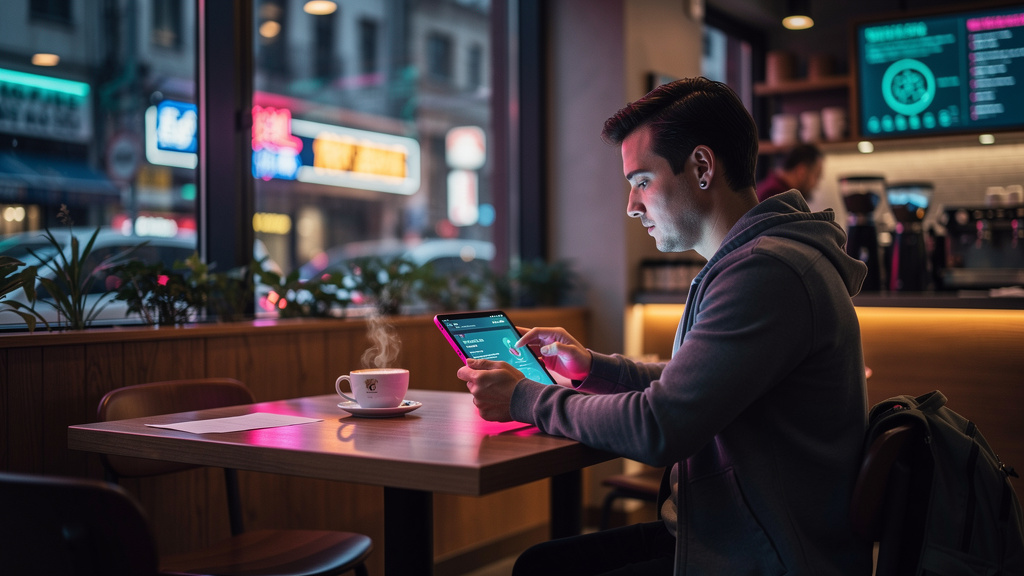 O que esperar de App Mobile em LXP nos próximos anos — Uma pessoa sentada em um café, usando um tablet para acessar um curso na plataforma Toolzz LXP. A luz natural da janela ilumina o rosto da pessoa