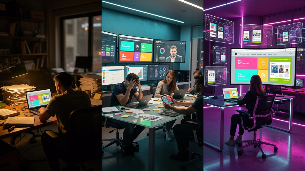 O que esperar de Blogs Automatizados com IA em 2026 — Uma linha do tempo visualmente atraente mostrando a evolução da criação de conteúdo: 2016 (redator humano digitando lentamente), 2021 (equipe de m