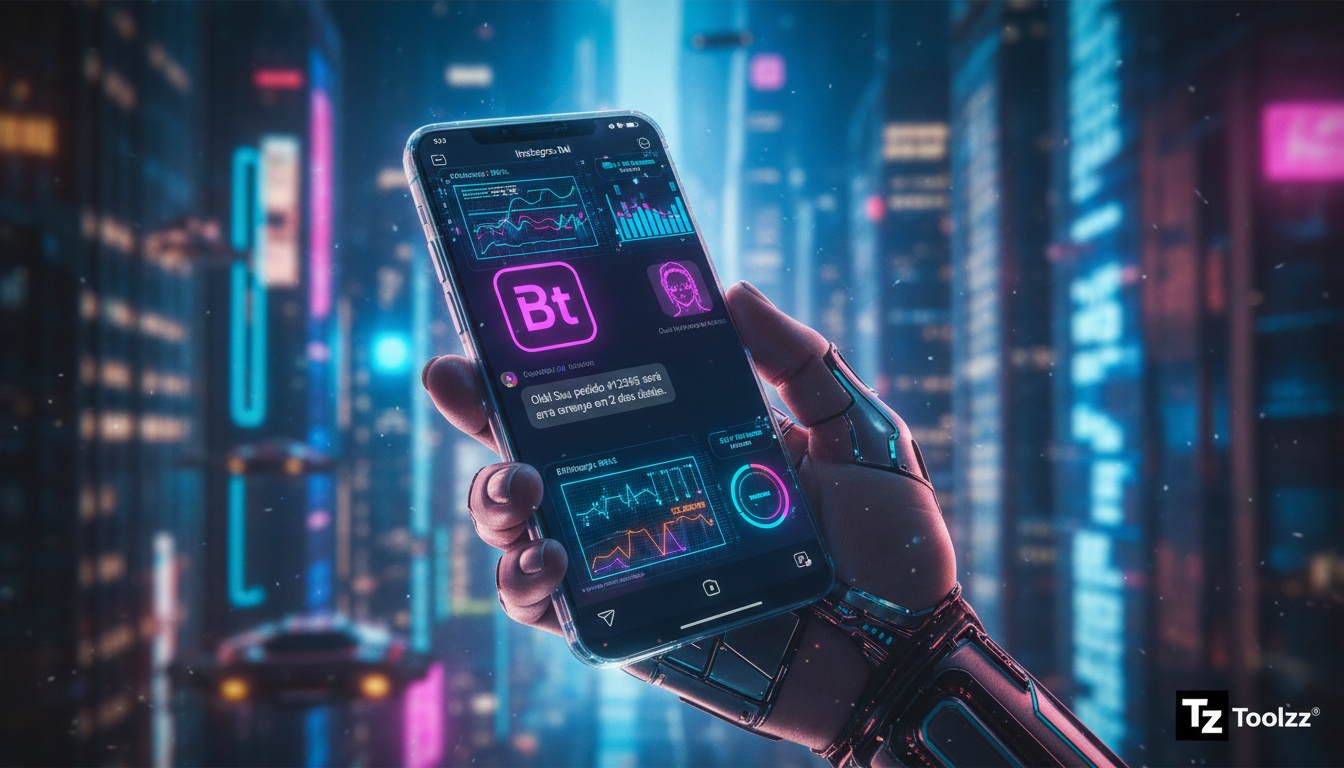 O que esperar de Chatbots Instagram DM em 2026 — Uma tela de smartphone mostrando uma conversa de Instagram DM. O chatbot, com o avatar da Toolzz, responde instantaneamente a uma pergunta de um client