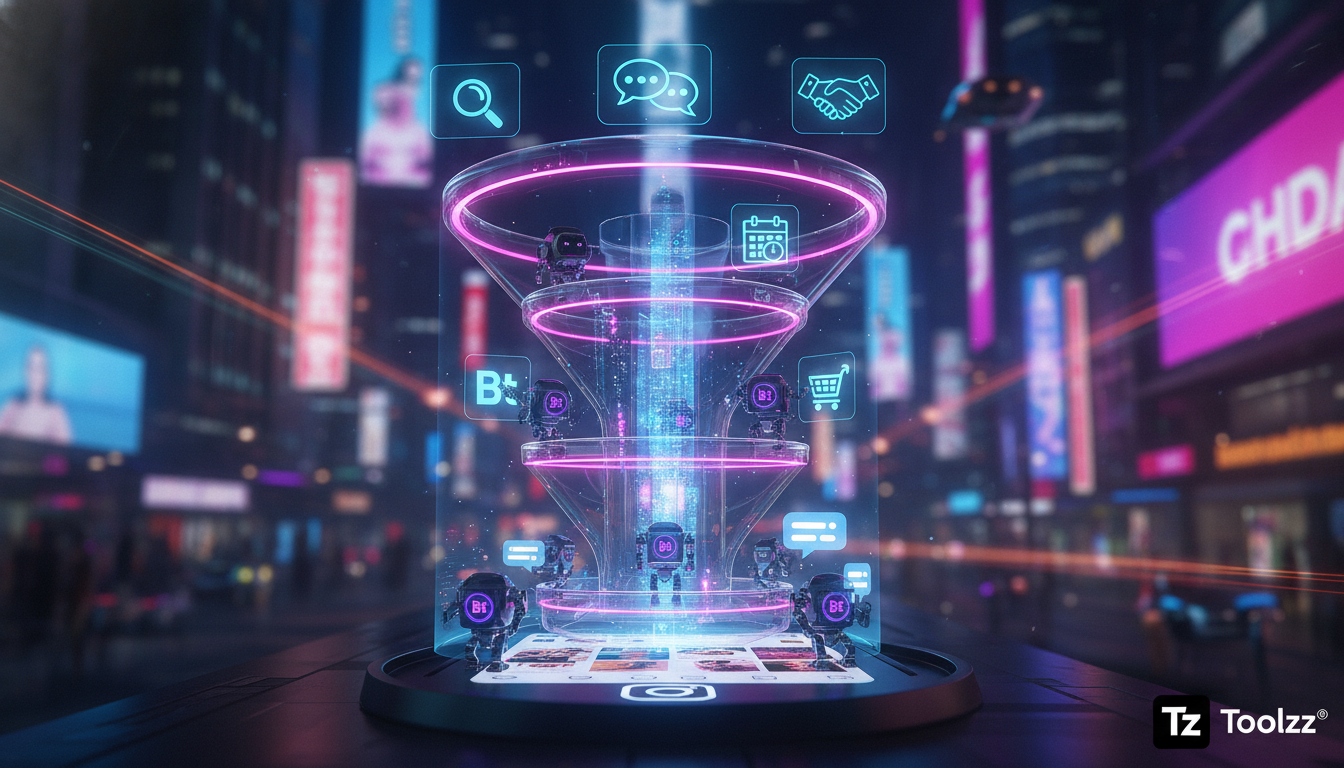 O que esperar de Instagram Commerce IA nos próximos anos — Um infográfico dividido em duas partes para carrossel no Instagram. Parte superior: Um funil de vendas estilizado com ícones representando as