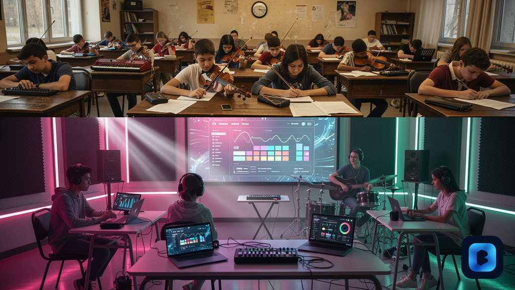 O que esperar de LXP para escolas de música: 7 tendências em 2026 — Infográfico comparando métodos tradicionais de ensino musical com o uso de LXPs. No bloco superior, uma sala de aula tradicional com