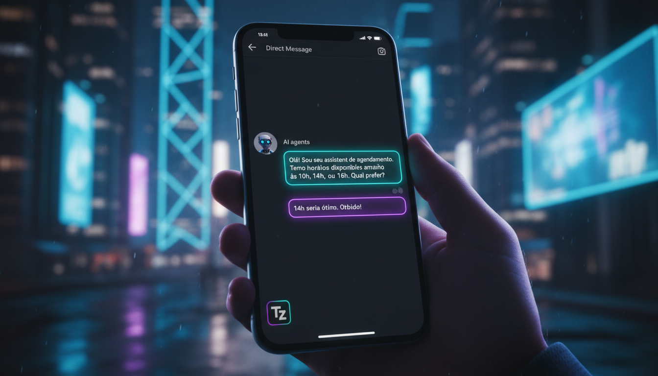 O que esperar de Meta Business Suite IA nos próximos anos — Close-up de um smartphone mostrando uma conversa no Instagram Direct. Um Agente de IA de agendamento da Toolzz responde de forma natural e e