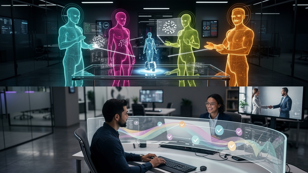 O que esperar de Protocolo Agent-to-Agent (A2A) em 2026 — Um diagrama infográfico dividido em duas seções (superior e inferior). Na seção superior, visualize um fluxo de trabalho de vendas simplificad