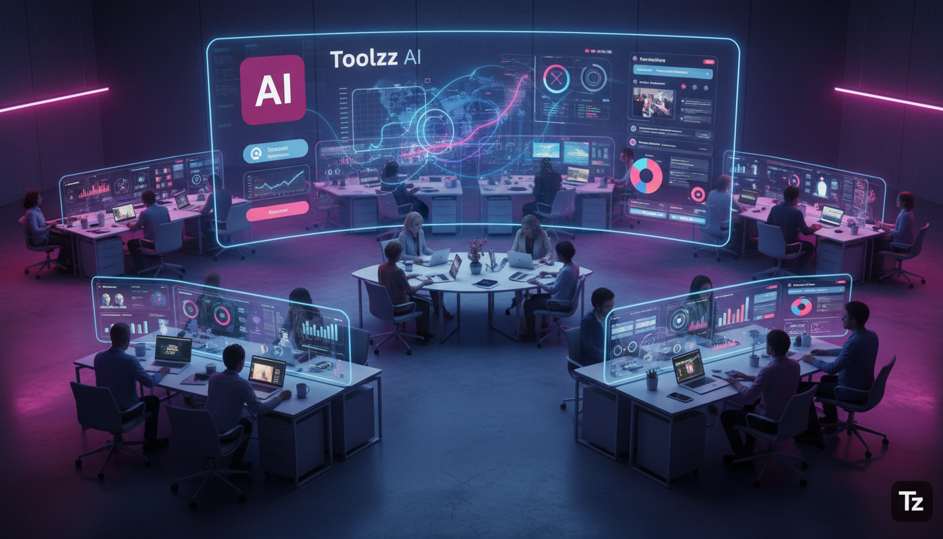 O que esperar de Vendas no Instagram em 2026 — Uma visão aérea de um escritório moderno e vibrante, onde as equipes de marketing e vendas trabalham em conjunto. Telas de computador exibem painéis de a