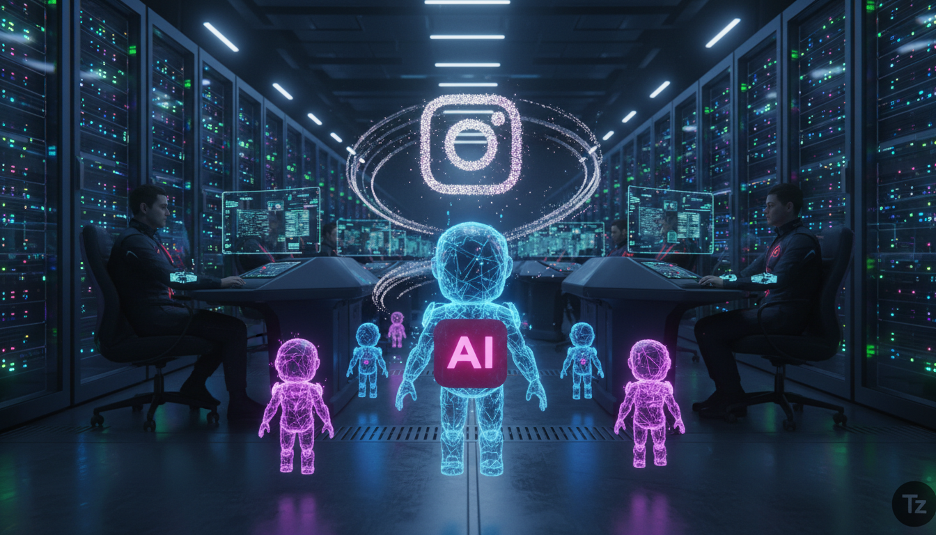 O que grandes empresas fazem com Automação Instagram em 2026 — Visão interna de um data center moderno e iluminado, com servidores piscando e técnicos trabalhando em consoles. Em primeiro plano, holog