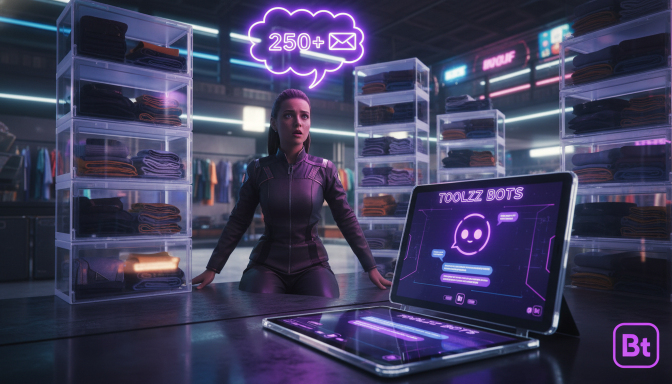 O que grandes empresas fazem com Chatbots Instagram DM — Uma vendedora em uma loja de roupas, visivelmente sobrecarregada, cercada por pilhas de caixas e um balão de fala indicando '250+ DMs não lidas