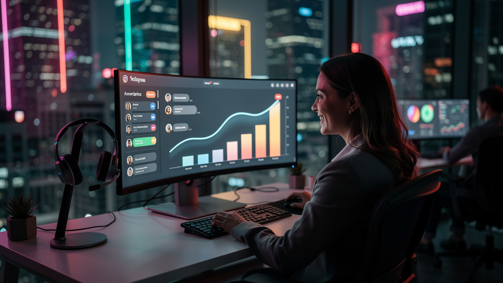 O que grandes empresas fazem com Instagram API — Um escritório moderno e iluminado, onde um agente de atendimento ao cliente está sorrindo enquanto observa um monitor que exibe um painel de controle d