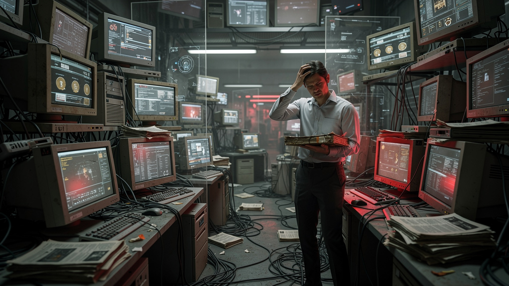 O que grandes empresas fazem com LXP em 2026? 7 Estratégias! — Um labirinto complexo de interfaces de software antigas e confusas, com um funcionário perdido e frustrado tentando encontrar o caminho. 