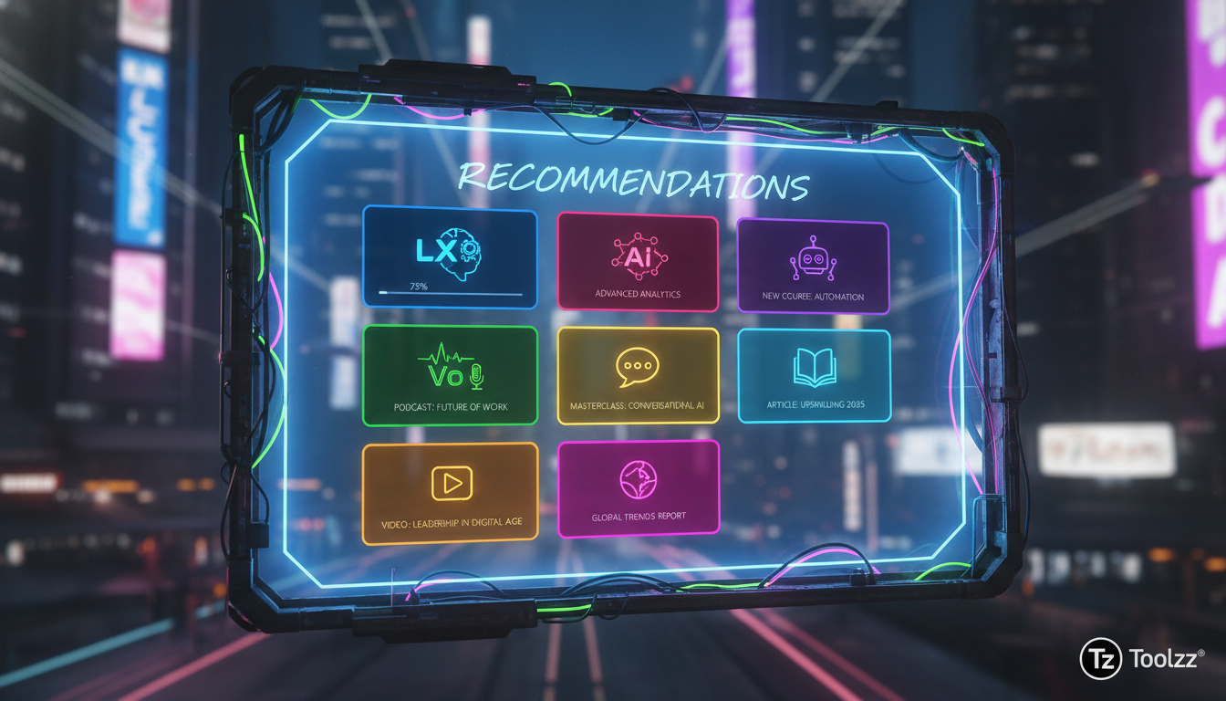 O que grandes empresas fazem com recomendação de conteúdo com IA em LXP? — Ilustração de uma interface de LXP (Learning Experience Platform) mostrando recomendações de conteúdo personalizadas para um 