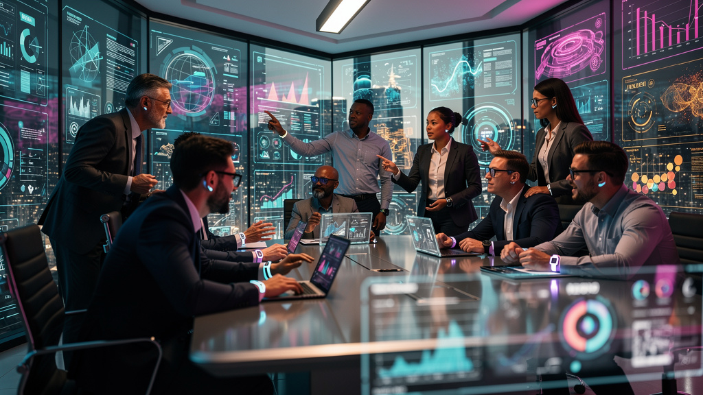 O que líderes de mercado fazem em academias de negócios em 2026? — Um grupo diversificado de profissionais participa de uma sessão de brainstorming em uma sala de aula high-tech. As paredes são telas 