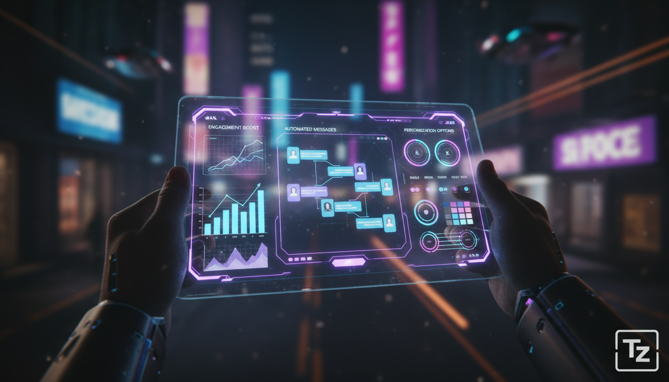 O que líderes de mercado fazem em automação de marketing Instagram em 2026 — Close-up de uma tela de tablet mostrando um dashboard de automação do Instagram. O dashboard exibe gráficos de engajamento,
