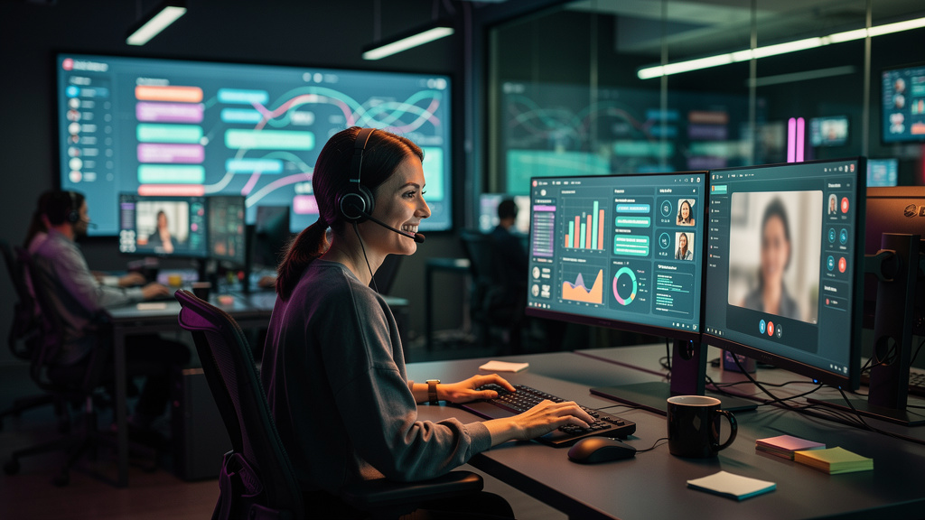 O que líderes de mercado fazem em Equipes Híbridas de IA e Humanos — Um call center moderno e movimentado. Em primeiro plano, um agente de atendimento humano sorri enquanto interage com um cliente em 