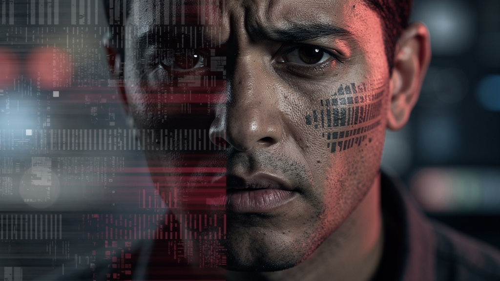 O que líderes de mercado fazem em IA e Diversidade — Um close-up de um rosto humano parcialmente obscurecido por código de programação de IA. A metade visível do rosto mostra uma expressão de preocupa