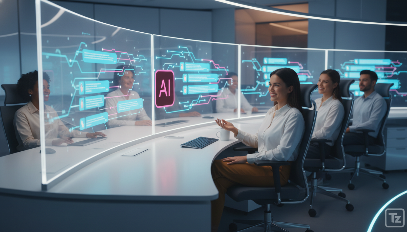 O que líderes de mercado fazem em IA para Redes Sociais — Um call center moderno, mas com metade dos atendentes substituídos por telas que exibem o logo da Toolzz e interfaces de chatbots respondendo 