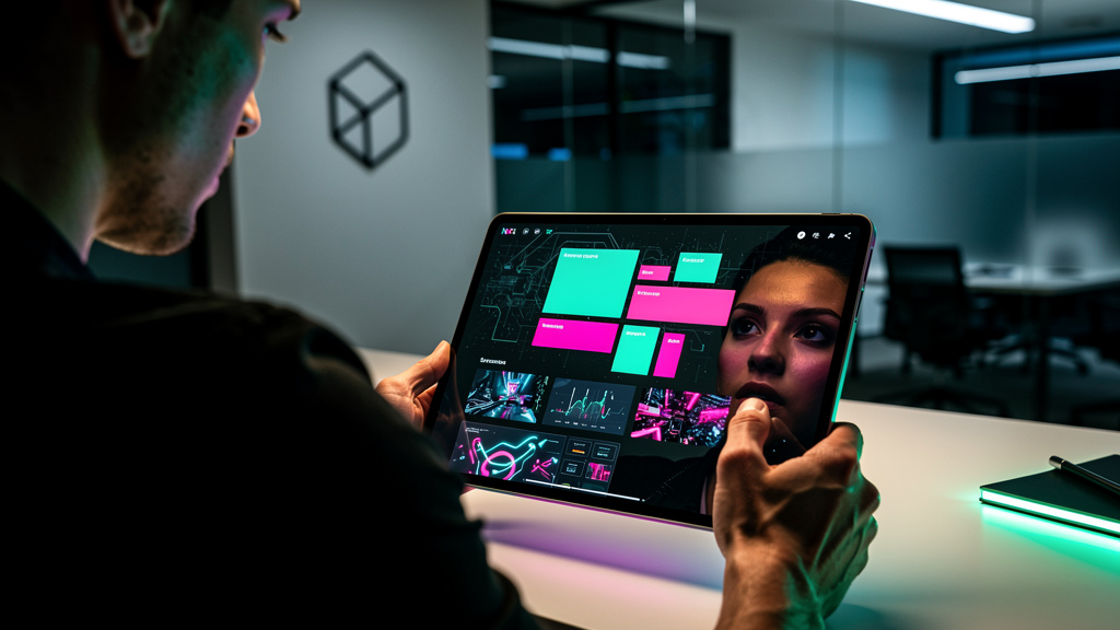 O que líderes de mercado fazem em LXP — Close-up de um tablet mostrando a interface da Toolzz LXP, com um usuário interagindo com um curso personalizado. A tela do tablet reflete o rosto do usuário, d
