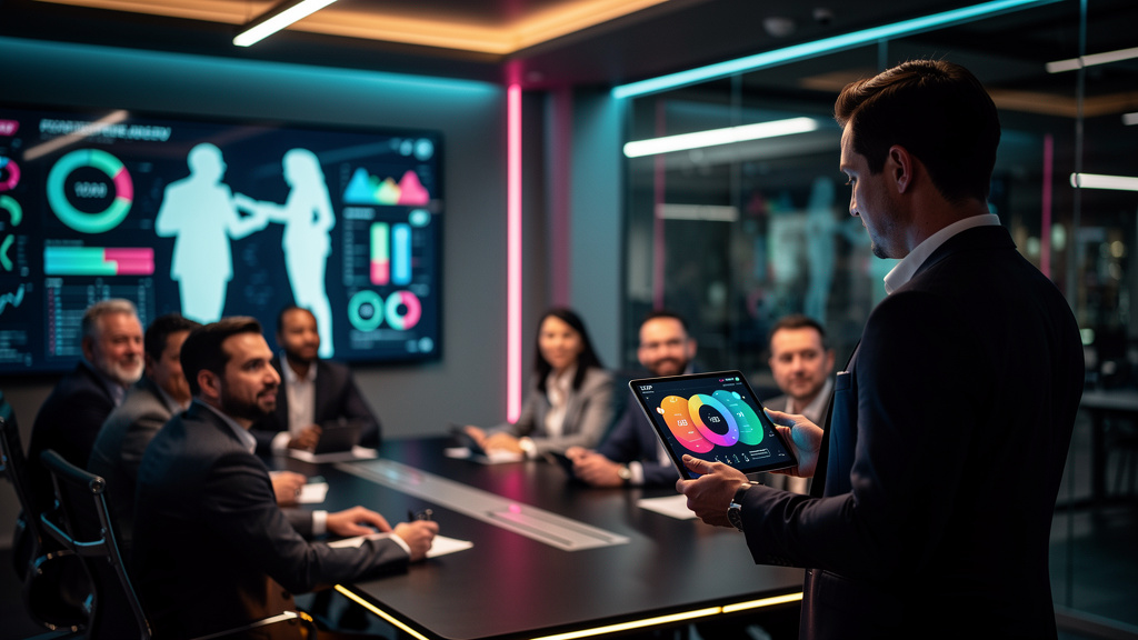 O que líderes de mercado fazem em LXP para centros de treinamento — Um instrutor de treinamento corporativo utilizando um LXP em um tablet durante uma sessão de treinamento. Os participantes estão eng