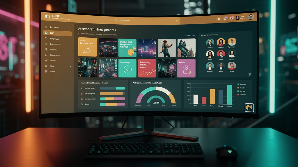 O que líderes de mercado fazem em LXP Whitelabel em 2026? — Ilustração de um painel de controle de LXP Whitelabel com a interface totalmente customizada com a identidade visual de uma empresa fictícia
