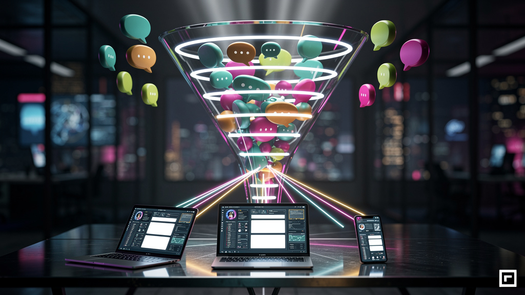 O que o mercado espera de AEO em 2026 — Ilustração de um funil estilizado onde perguntas de usuários entram no topo (representadas por ícones de balões de fala) e, no fundo, saem respostas precisas e 