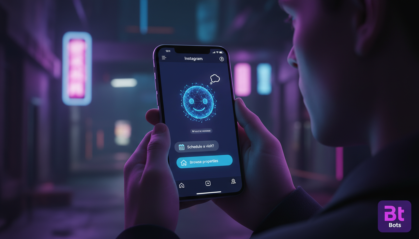 O que o mercado espera de Automação no Instagram em 2026 — Um close-up das mãos de um usuário interagindo com um chatbot no Instagram. A interface do chatbot exibe um avatar amigável e opções de agend