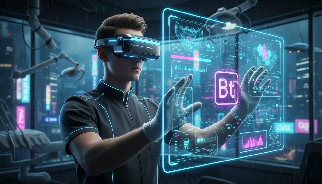 O que o mercado espera de chatbot Instagram DM automática em 2026 — Um dentista ajustando um headset de realidade virtual enquanto interage com um painel holográfico que exibe dados de pacientes extra