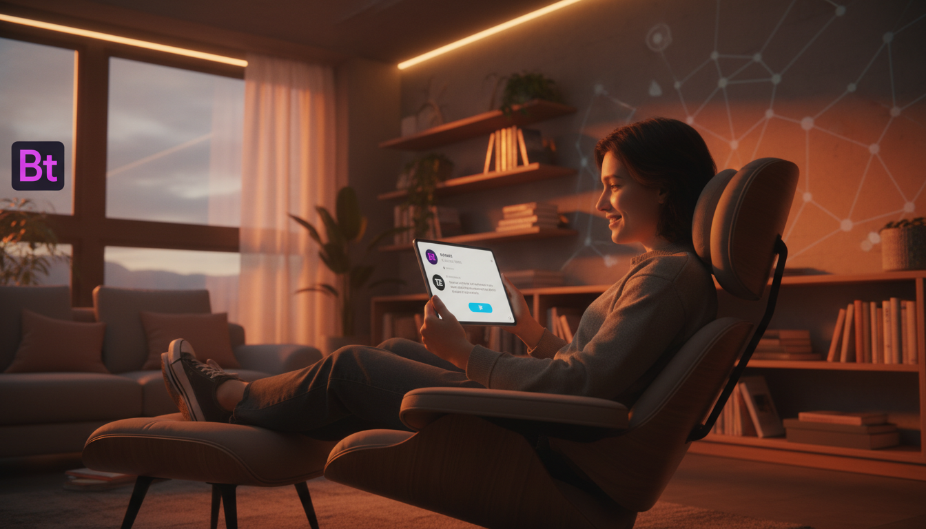 O que o mercado espera de Chatbot Instagram em 2026 — Uma pessoa sentada em uma cadeira confortável, usando um tablet. Na tela do tablet, uma conversa no Instagram Direct com um chatbot da Toolzz auxi