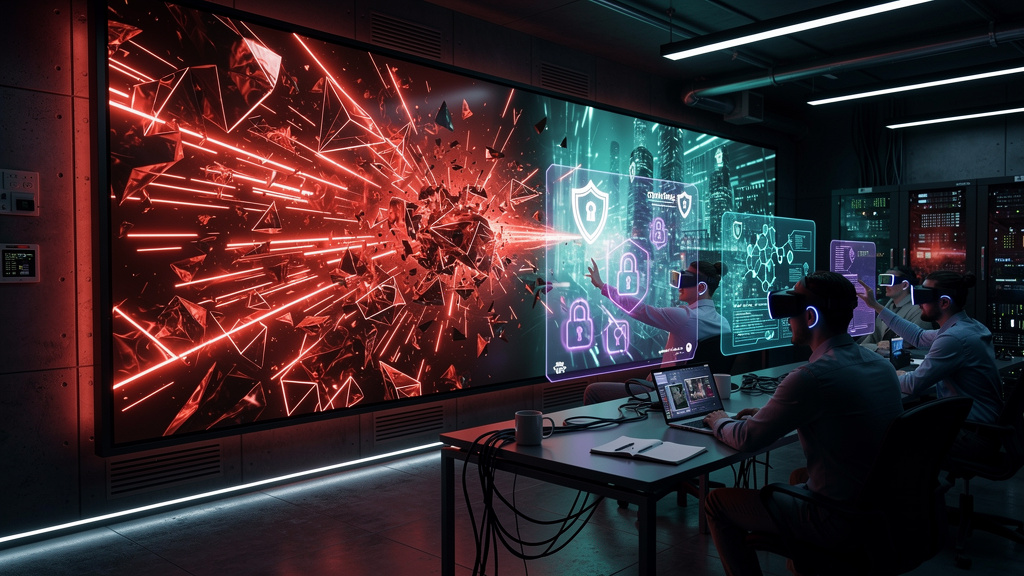 O que o mercado espera de Educação Corporativa em 2026 — Uma tela dividida mostrando, de um lado, um ataque cibernético representado por raios vermelhos e caóticos, e do outro lado, um grupo de funcio