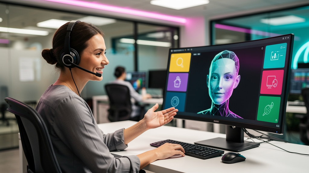 O que o mercado espera de Equipes Híbridas de IA e Humanos em 2026 — Um agente de atendimento ao cliente humano sorrindo e usando um headset, com um assistente virtual da Toolzz (um avatar amigável) v