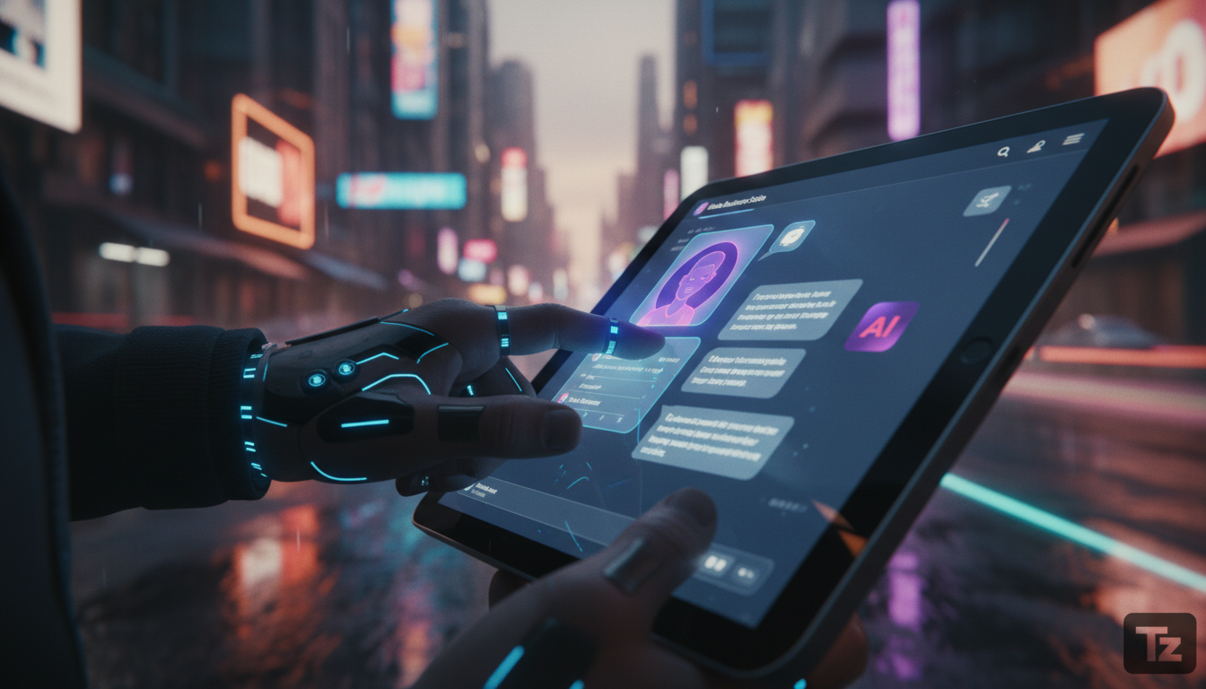 O que o mercado espera de Meta Business Suite IA em 2026 — Close-up de uma mão interagindo com um chatbot da Meta Business Suite em um tablet. O chatbot exibe uma conversa personalizada com um cliente