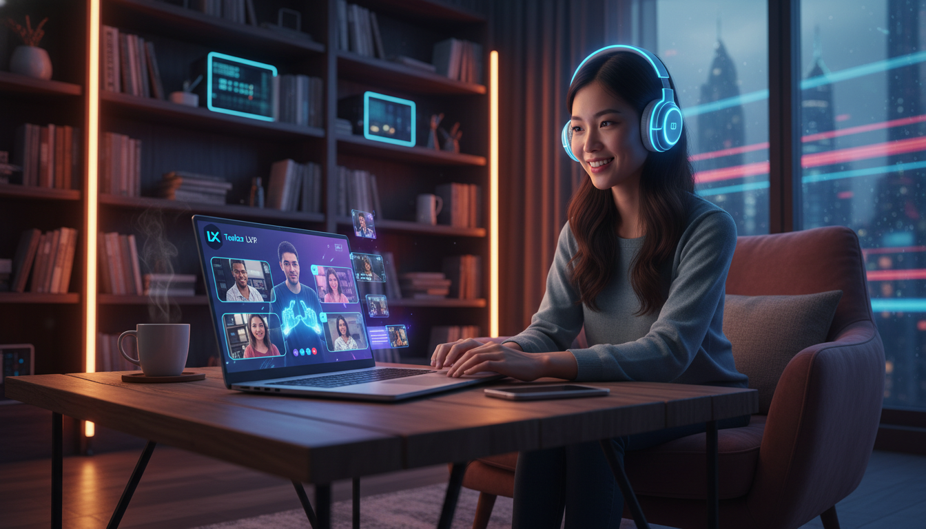 O que são Aulas ao Vivo e como aplicar na Educação Corporativa/EAD? — Uma sala de estar aconchegante transformada em um escritório improvisado. Uma colaboradora participa de uma aula ao vivo em seu la