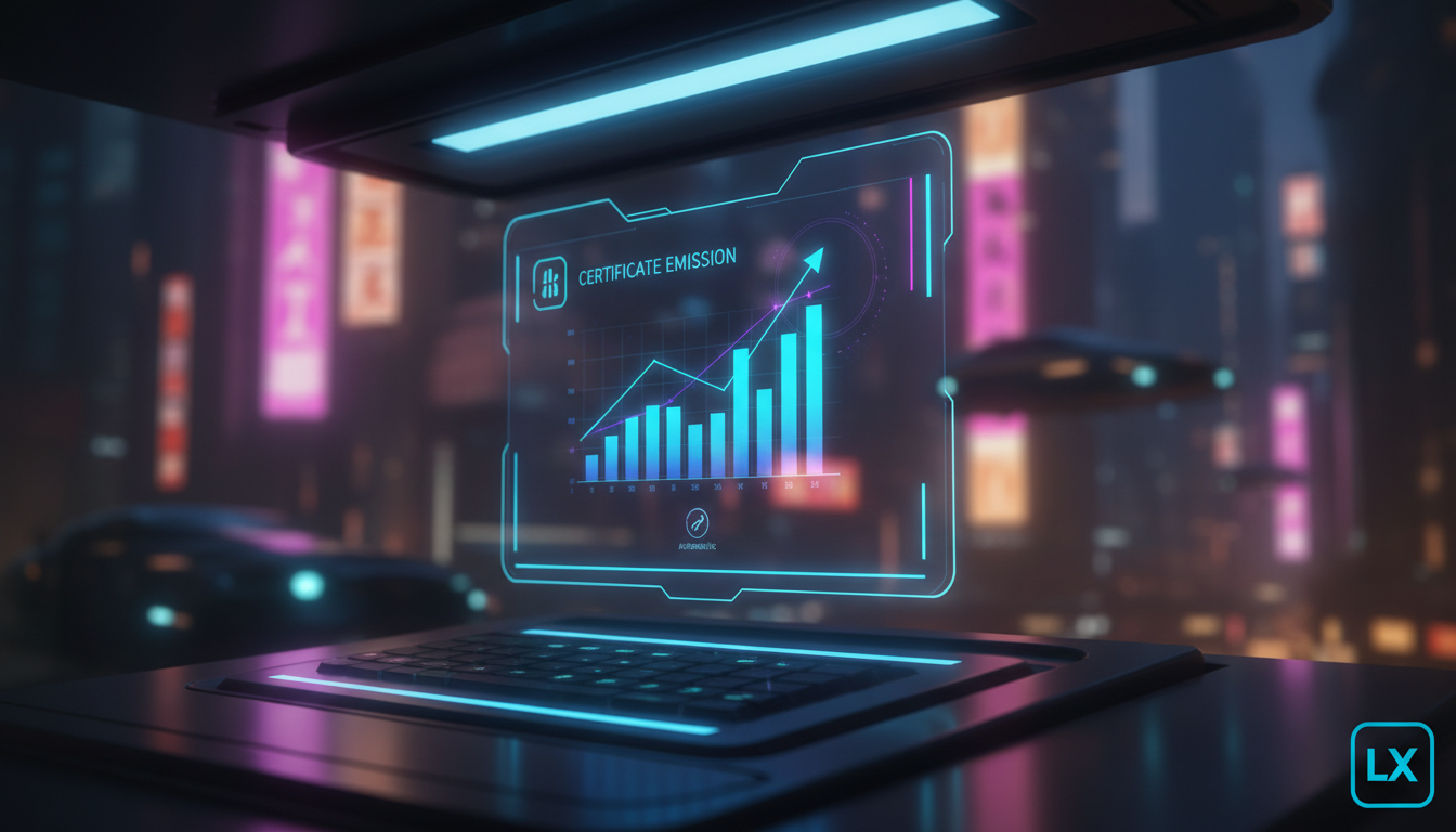 O que são Certificados Automáticos e como aplicá-los no EAD? — Um painel de controle de LXP, com destaque para a seção de emissão de certificados. Um gráfico de barras animado mostra o aumento da taxa