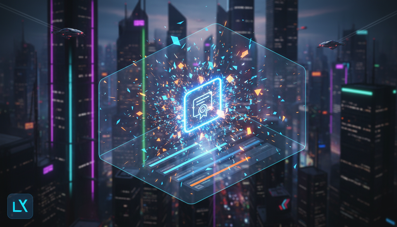 O que são Certificados Automáticos e como aplicar na Educação Corporativa? — Ilustração isométrica de uma plataforma de educação corporativa (LXP) exibindo o painel de um aluno recém-certificado. Conf