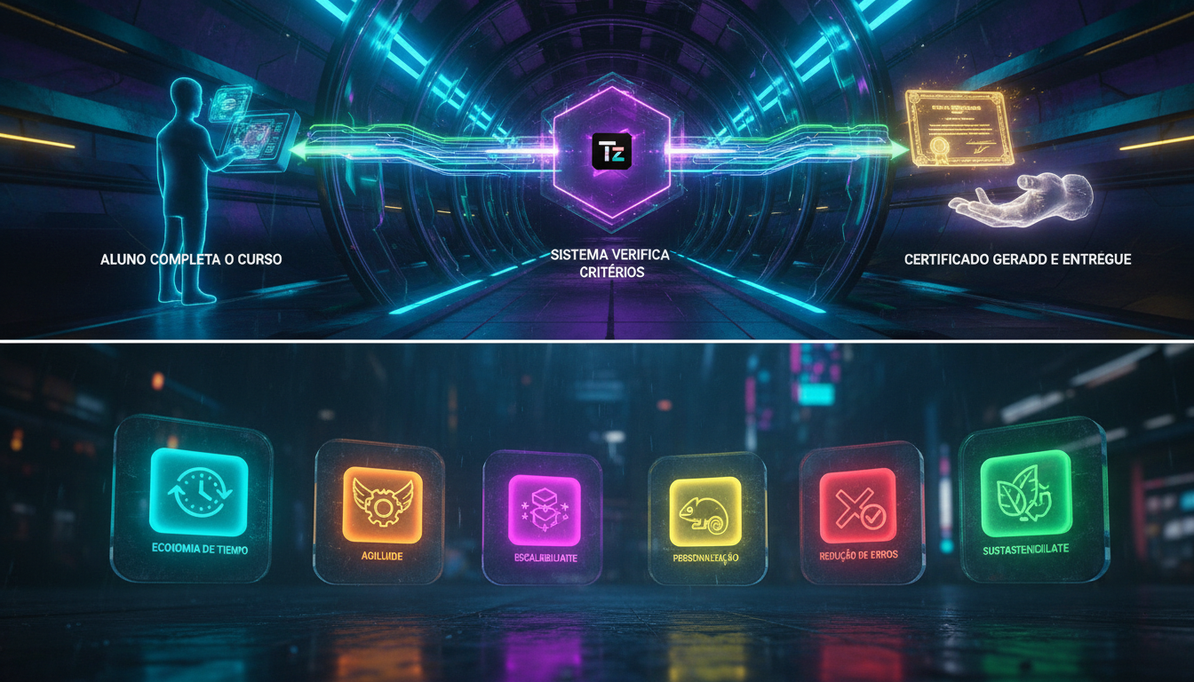 O que são Certificados Automáticos e como aplicar na Educação Corporativa — Infográfico dividido em duas partes (superior e inferior para carrossel do Instagram). Parte superior: Diagrama de fluxo mos