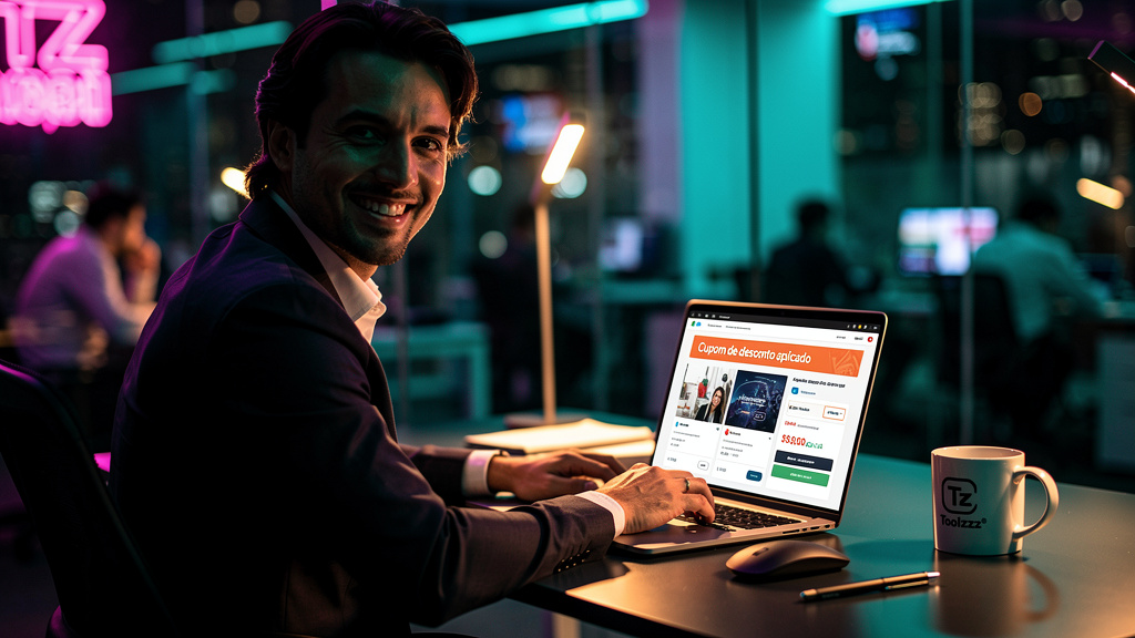 O que são Cupons de Desconto e como aplicar na Educação Corporativa? — Um funcionário sorrindo, sentado em uma mesa de escritório moderna, usando um laptop. A tela do laptop exibe uma plataforma de EA