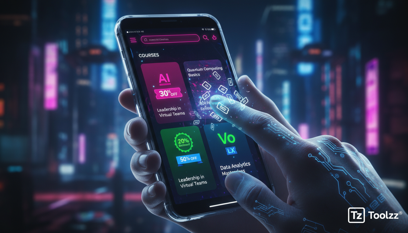 O que são Cupons de Desconto e como aplicar na Educação Corporativa/EAD — Ilustração minimalista de um smartphone exibindo um aplicativo de educação corporativa. O aplicativo mostra um catálogo de cur