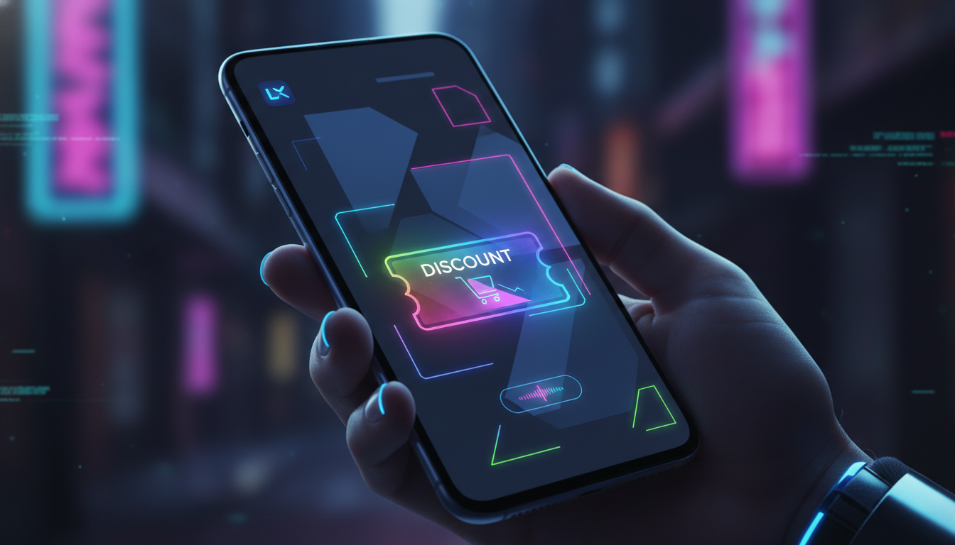 O que são Cupons de Desconto e como usar no EAD — Close-up de uma mão segurando um smartphone. A tela do smartphone exibe um aplicativo de EAD com um cupom de desconto piscando, pronto para ser resgat