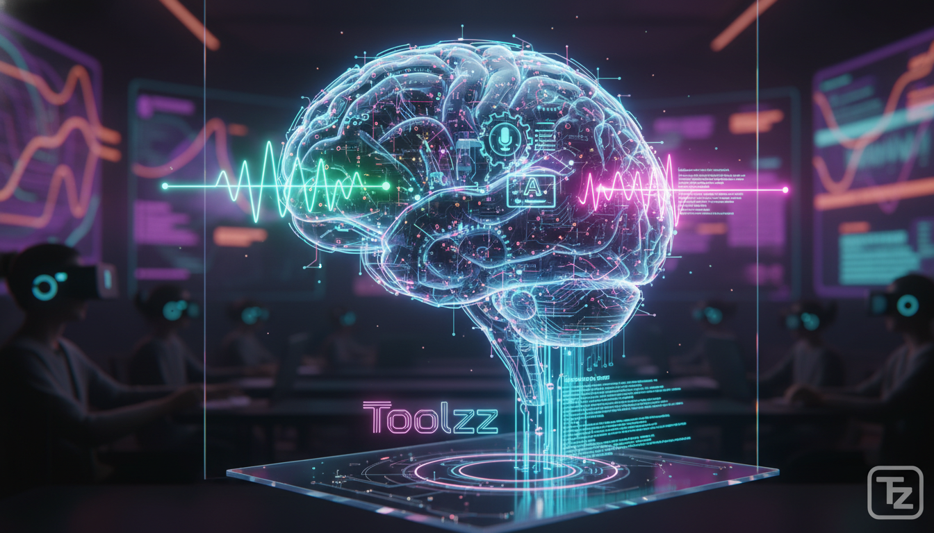 O que são Legendas Automáticas e como aplicar na Educação Corporativa? — Ilustração de um cérebro humano estilizado, com engrenagens e ícones representando reconhecimento de voz e transcrição. As onda