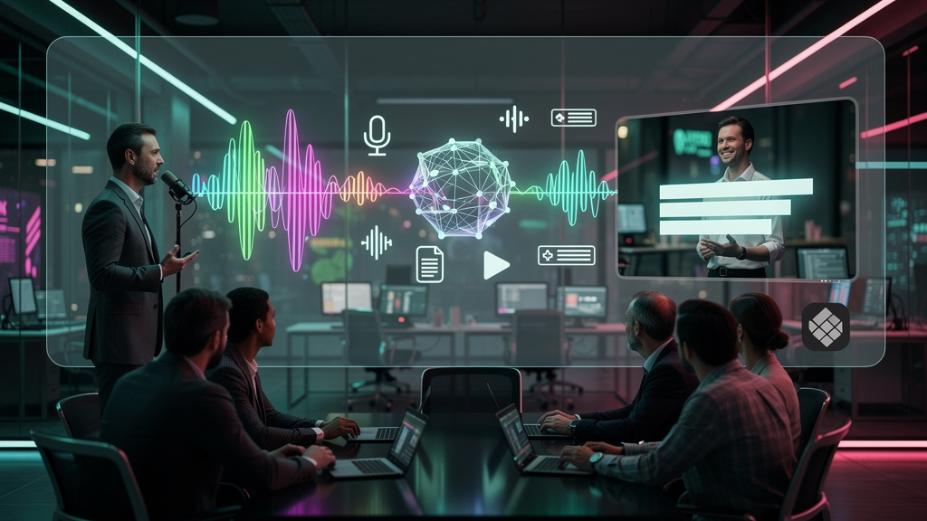 O que são Legendas Automáticas e como usar na Educação Corporativa — Um diagrama visual mostrando o fluxo de trabalho das legendas automáticas: da captação do áudio, passando pelo reconhecimento de vo