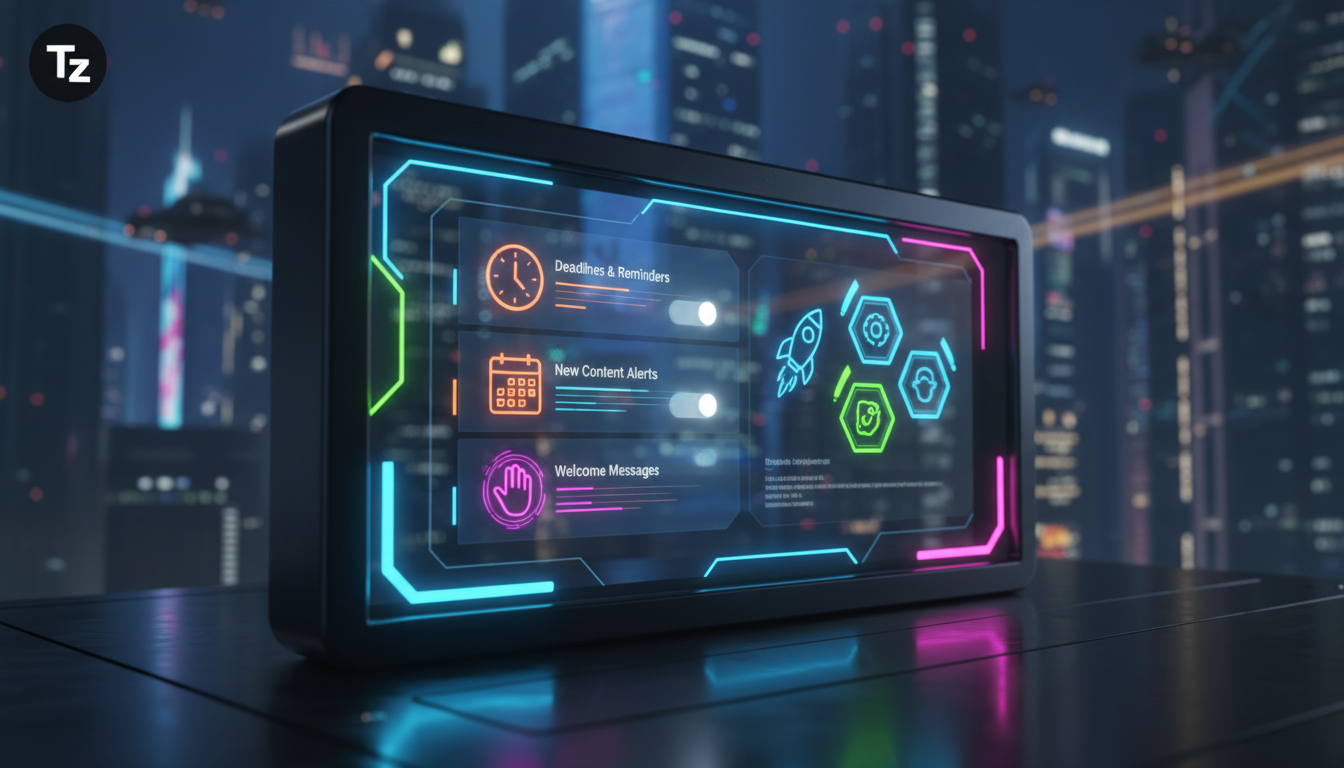 O que são Notificações Automáticas e como aplicar na Educação Corporativa — Ilustração digital de um painel de controle de uma plataforma de EAD da Toolzz. O painel mostra diversas notificações automá